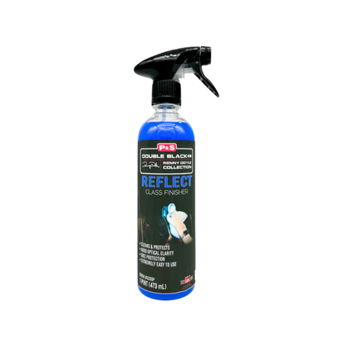 Plastic spray bottle containing P&S Reflect Glass Finisher a product used to clean and protect glass